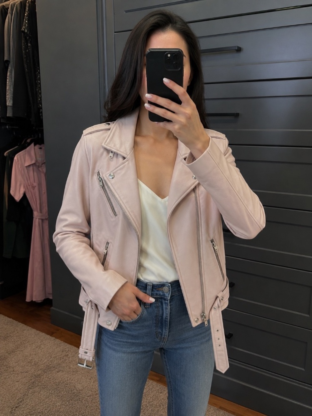 IRO Pale Pink Milaspe Lamb Leather Moto Jacket Size 38